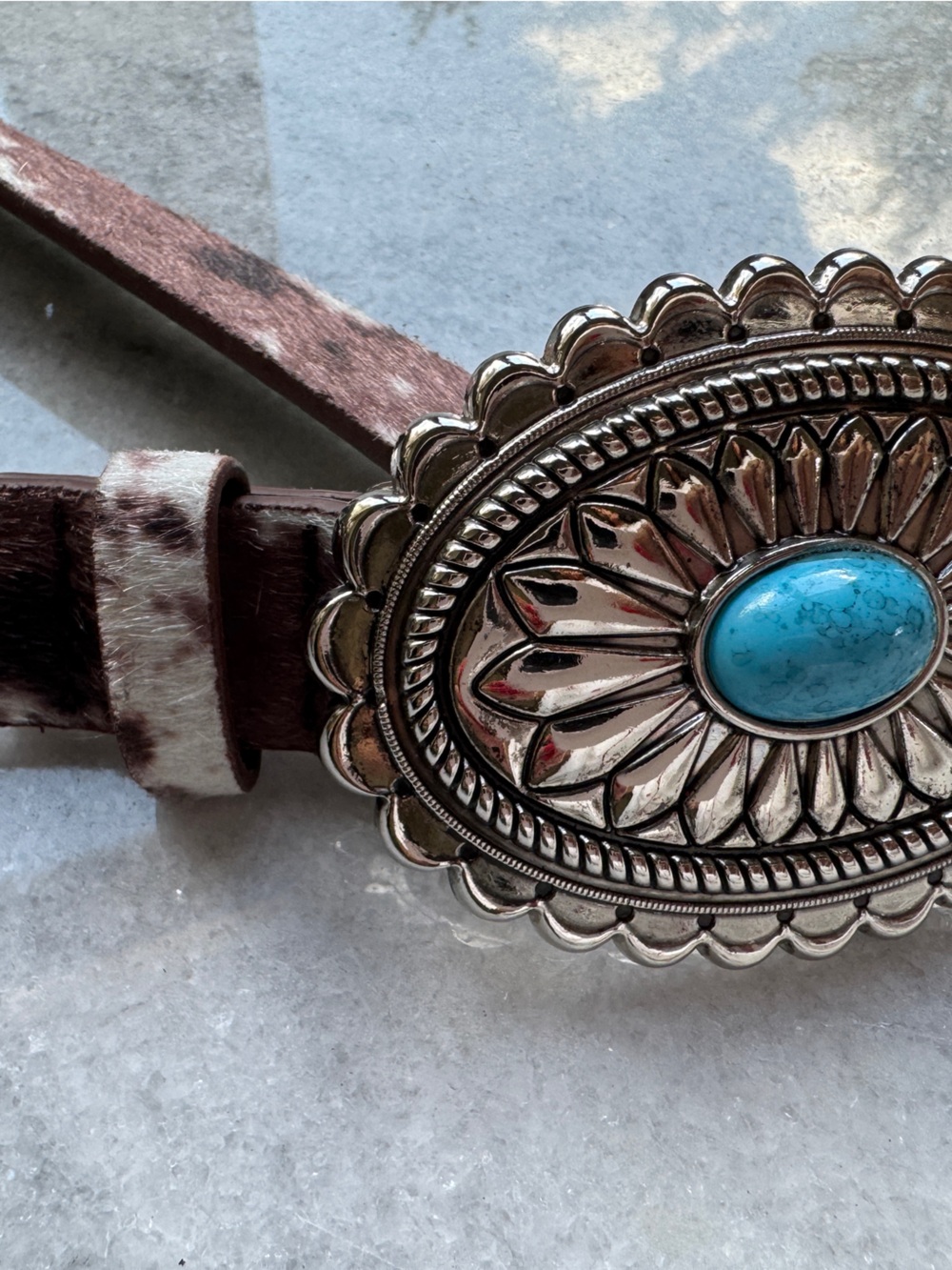 Turquoise Stone Silver-Tone Cow Print Belt